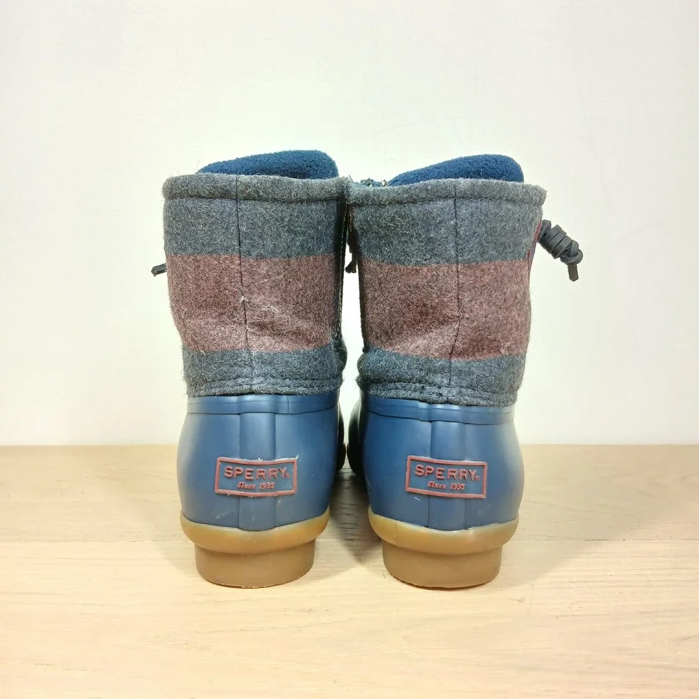 Sperry Saltwater Duck Boots Womens 7 Navy Blue Grey Burgundy Striped Wool Chore